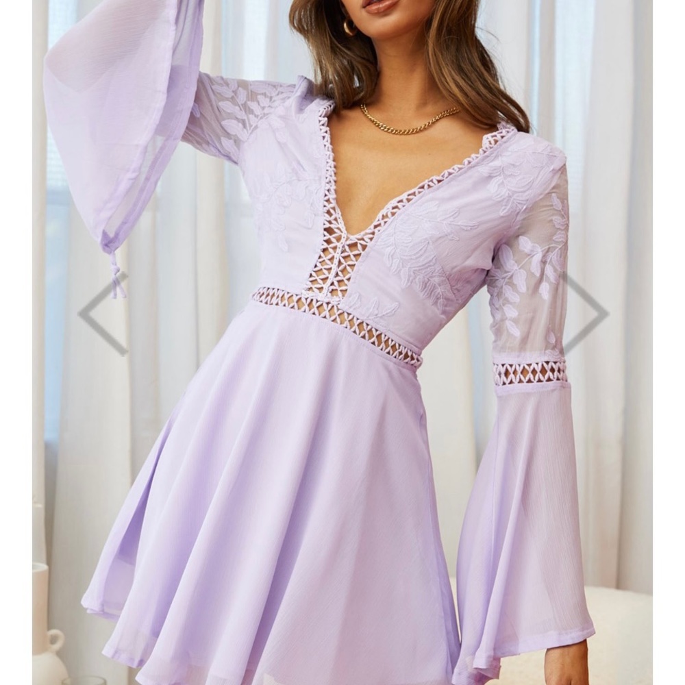Carson Long Sleeve Crochet Embroidery Detail Dress Lilac